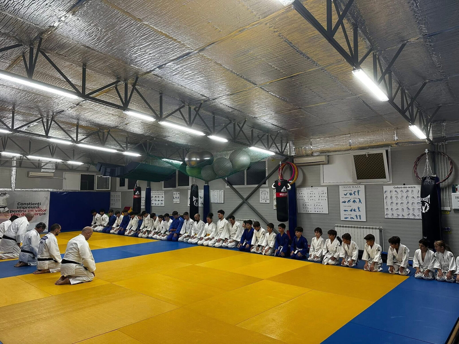 Sală de antrenament cu tatami galben și albastru, sportivi în kimono aliniați la marginea saltelei